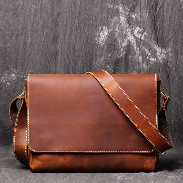 Men's Top Grain Genuine Leather Zipper Shoulder Bag, Vintage