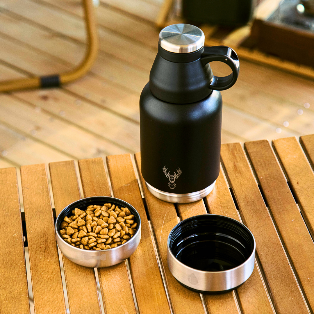 Dog water bottle with detachable bowl showing food bowl and water bowl