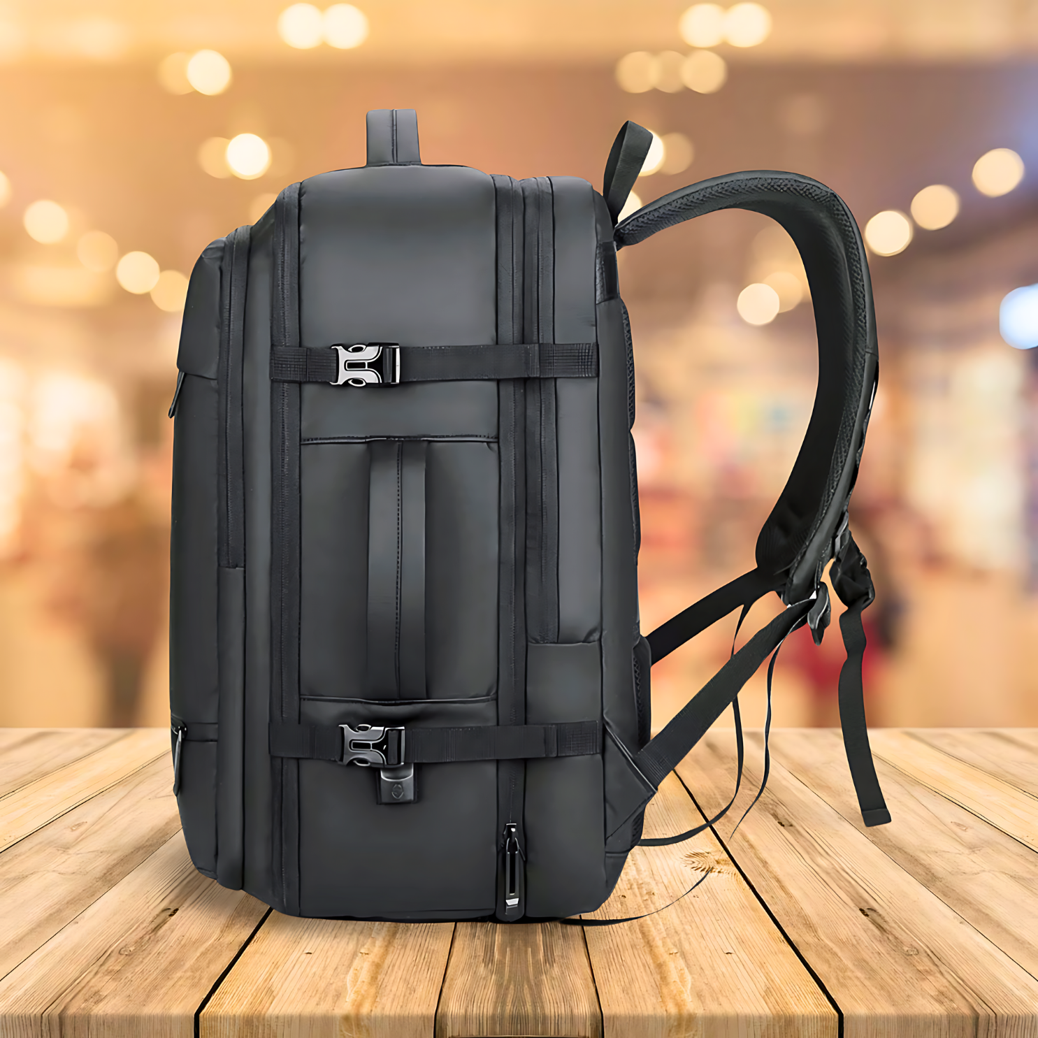 Business backpack with shoe compartment, expandable design, and secure back pocket