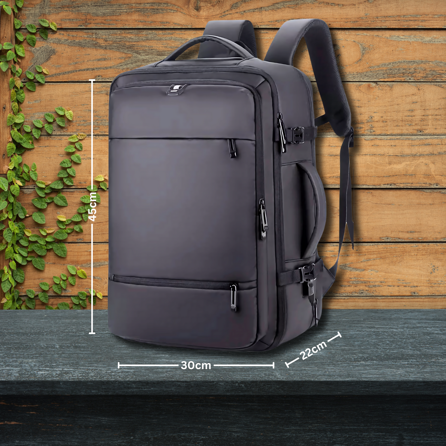 Business backpack with dedicated shoe storage and secure back pocket