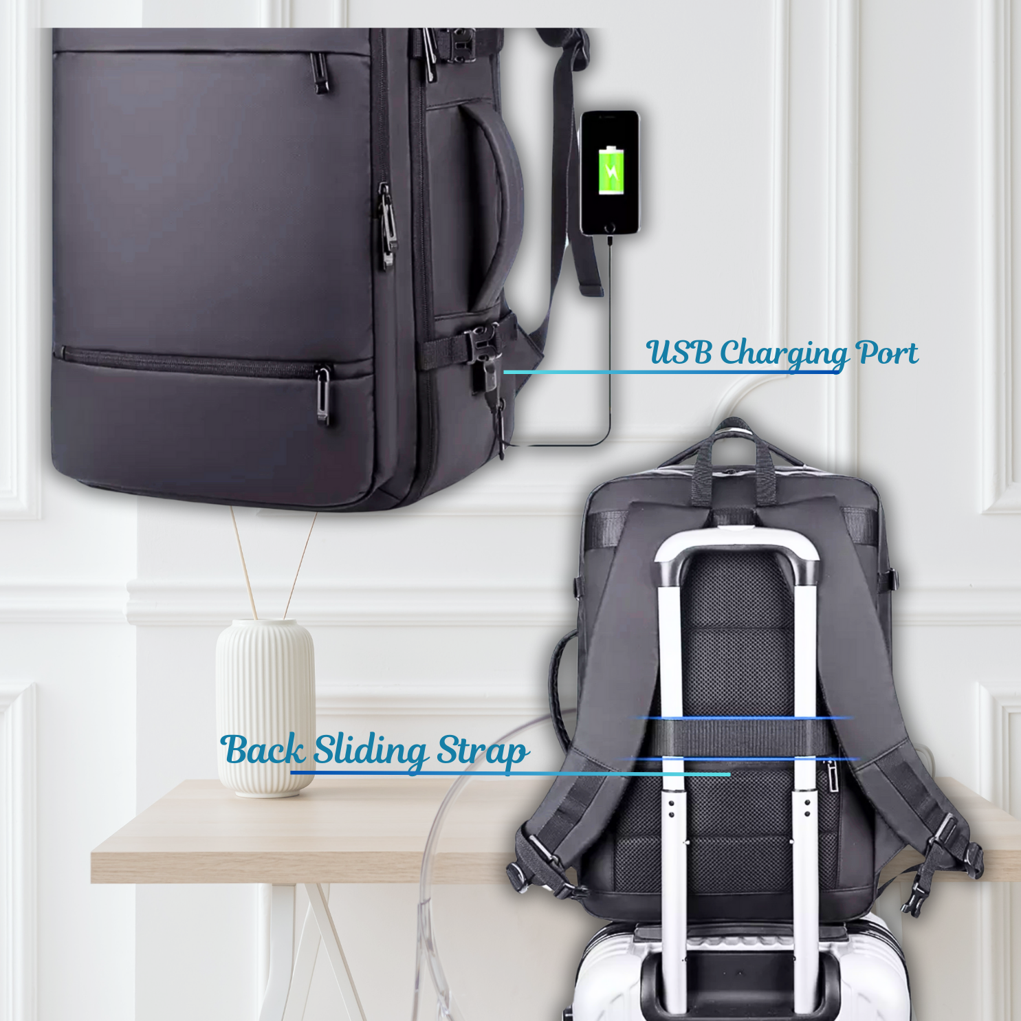 Business backpack with USB port, shoe compartment, expandable design, and secure back pocket