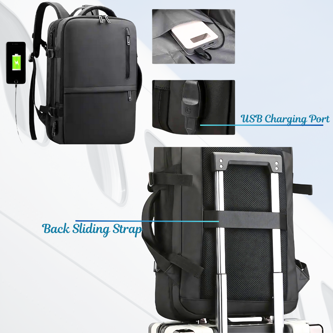 Durable waterproof backpack with USB port, laptop and luggage compartment for business travel