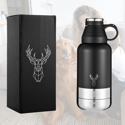 Dog water bottle with detachable food bowl, ideal for travel and hiking