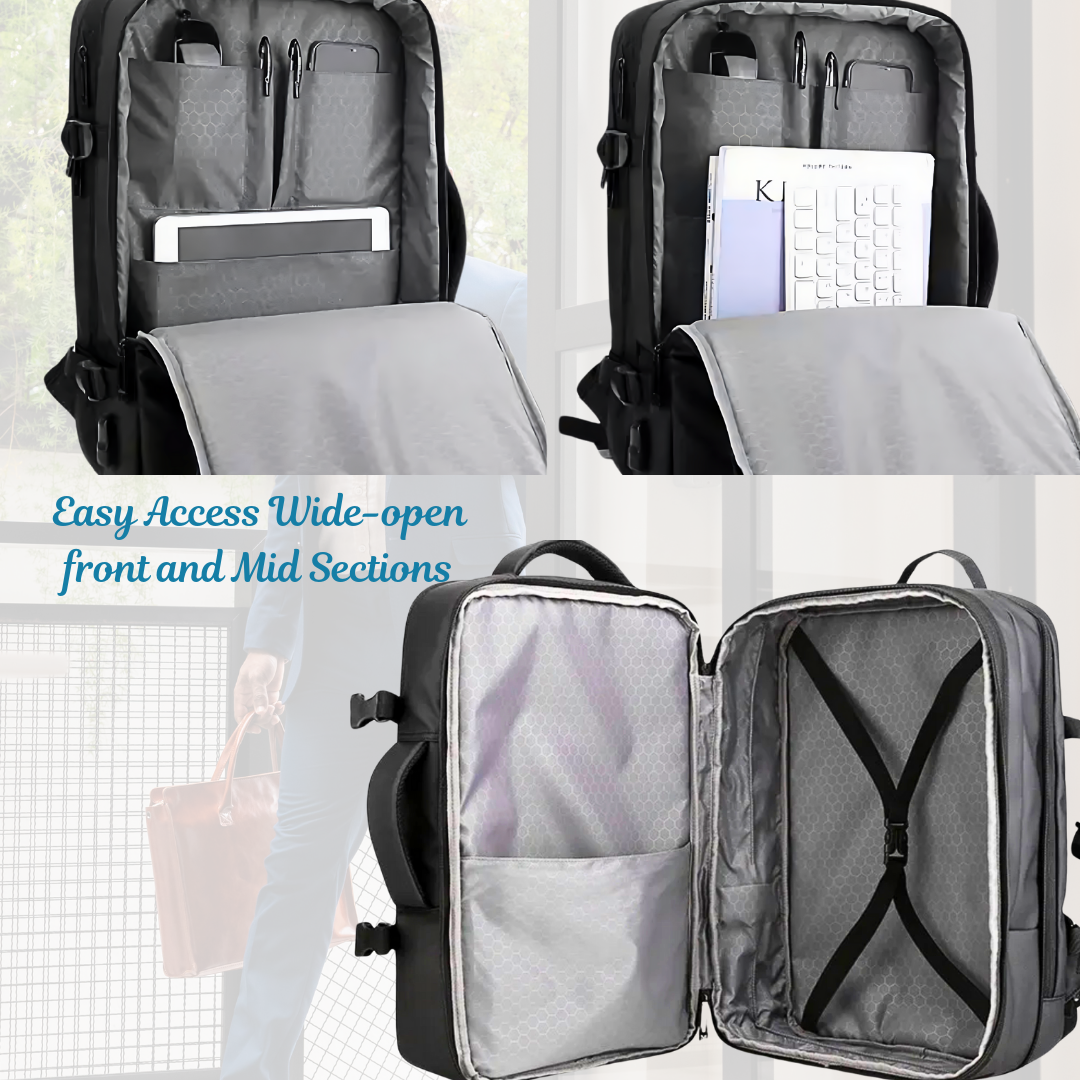 Waterproof business backpack with USB port, expandable design, and strap pocket