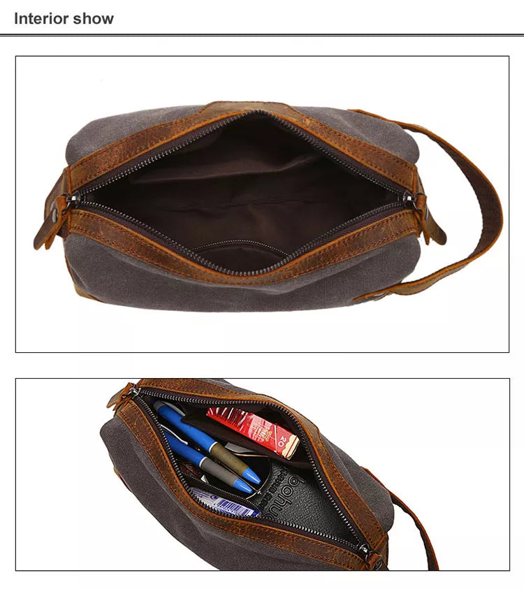 Travel Toiletry Bag | Water-resistant bag made with Washed Canvas and PU Leather for Cosmetics, Makeup, Shaving Accessories