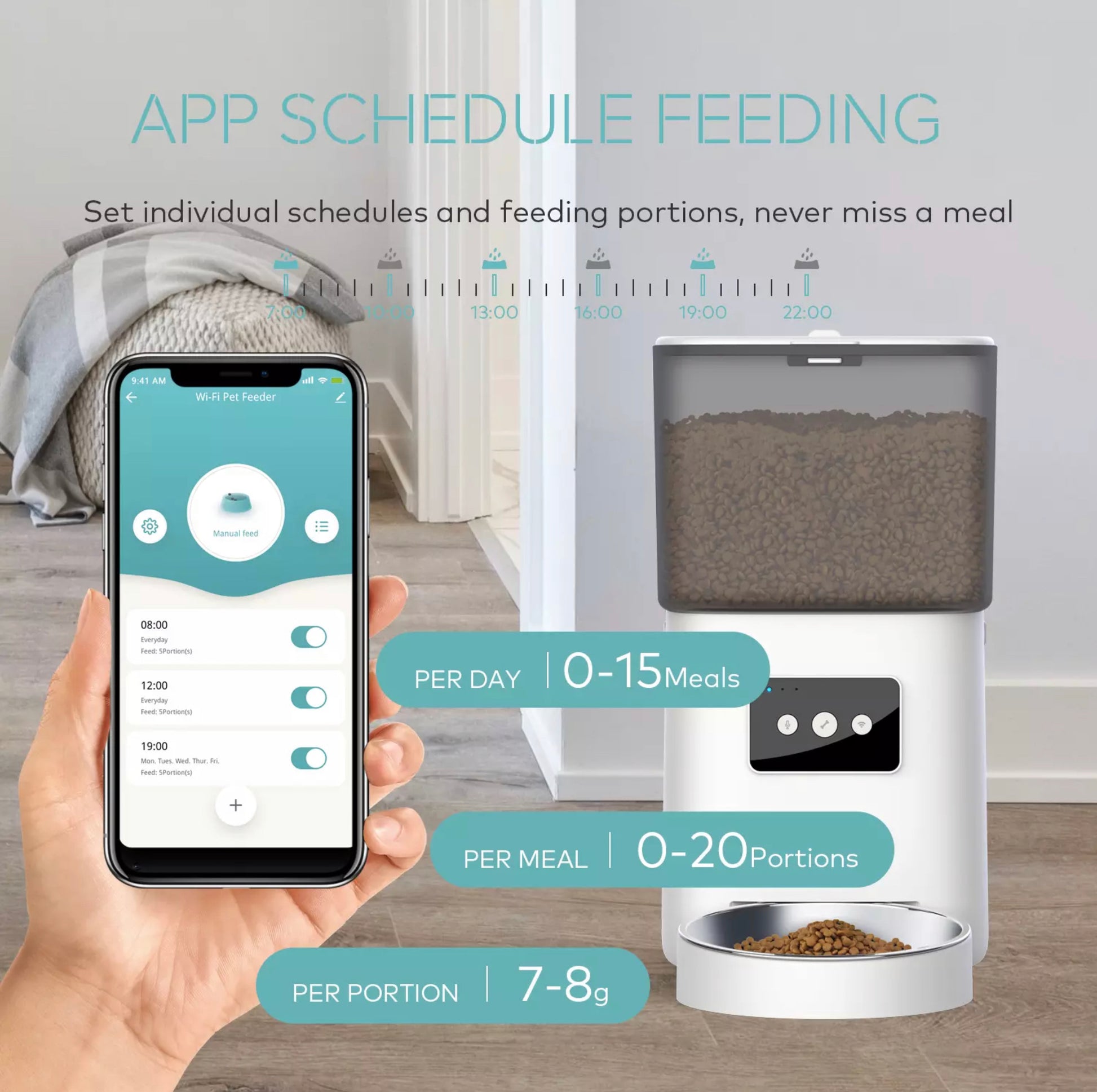 Smart pet feeder with mobile control app and programmable feeding schedule